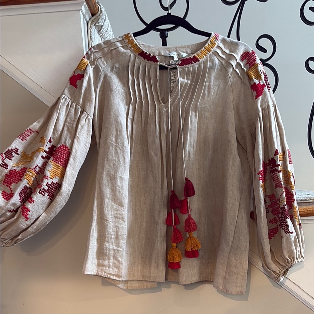 Ranna Gill Boho Embroidered Tassel Linen Top in Natural with Pink & Mustard